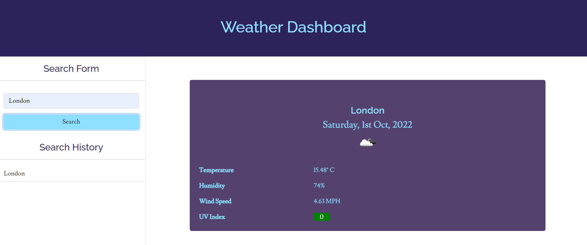 weather dashboard webpage